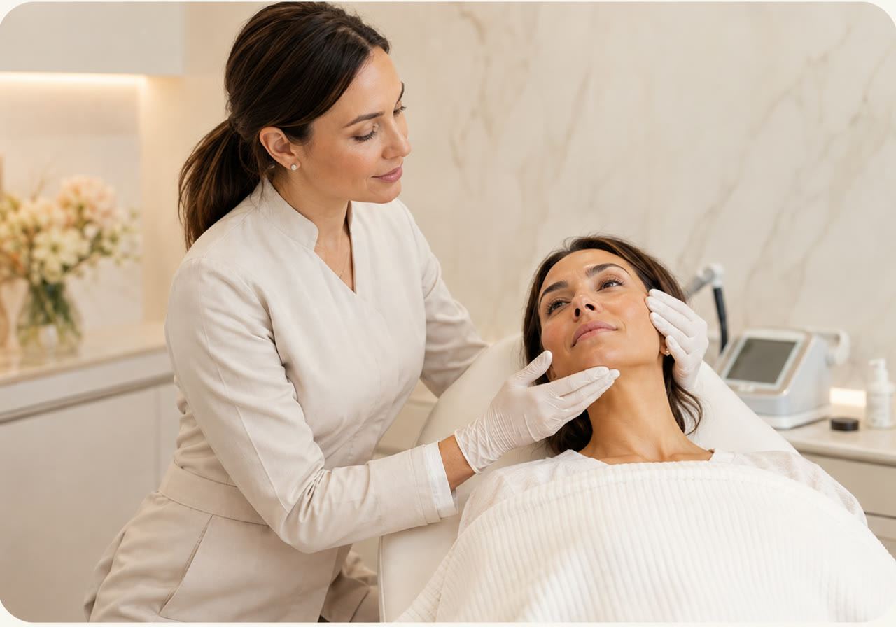 Aesthetic provider in gloves examining a relaxed client on a treatment bed in a modern medical aesthetics clinic